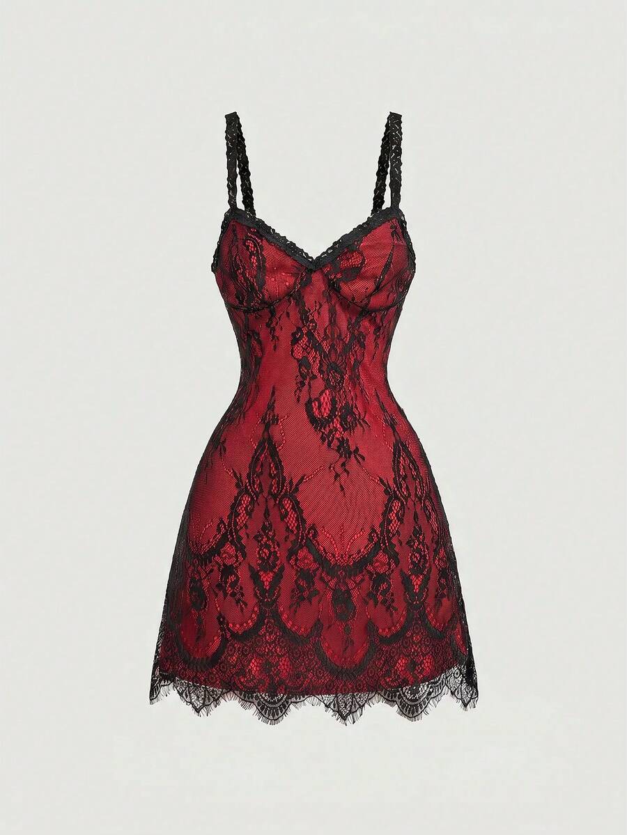Women's short lace cami dress with spaghetti straps, contrast lace detailing, high waist, slim fit, and straight hem.