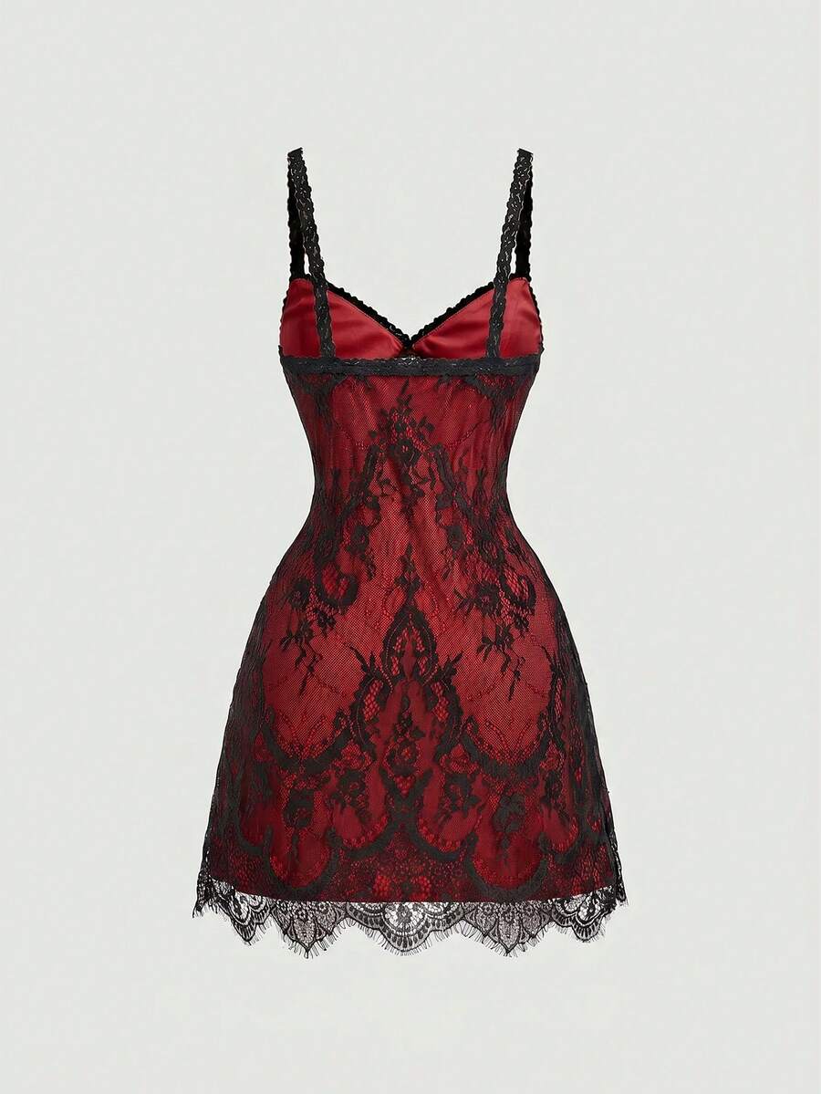 Women's short lace cami dress with spaghetti straps, contrast lace detailing, high waist, slim fit, and straight hem.