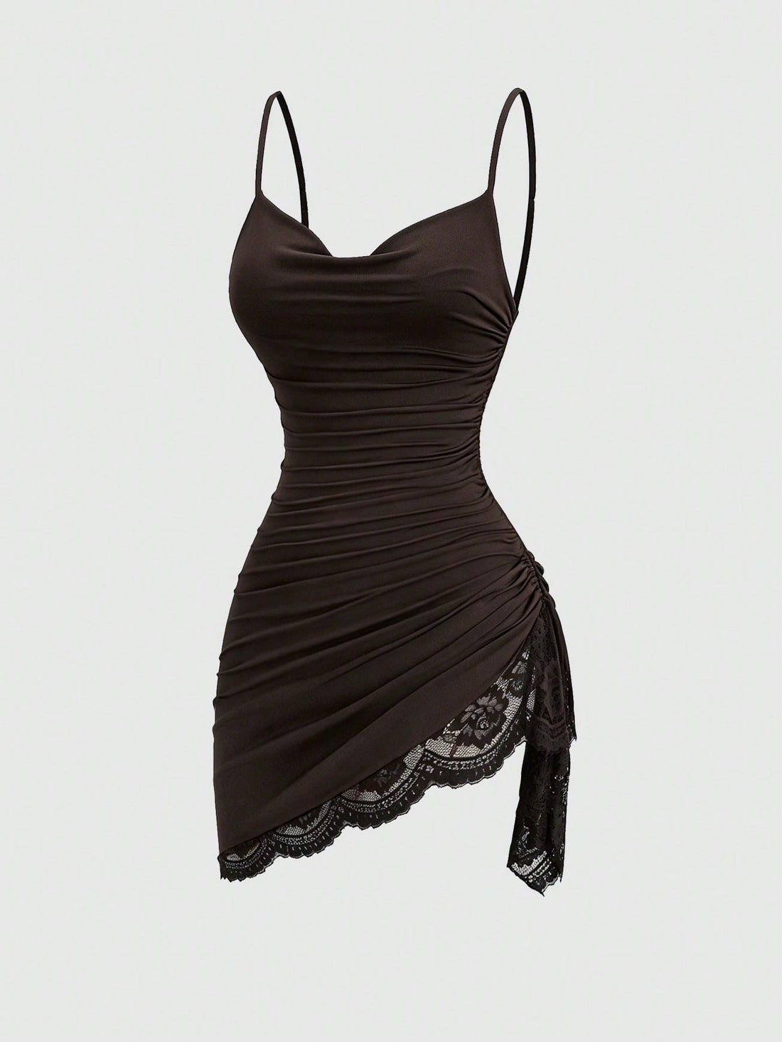 Women's short cami dress with cowl neck, spaghetti straps, contrast lace patchwork, pleated detail, and asymmetrical hem