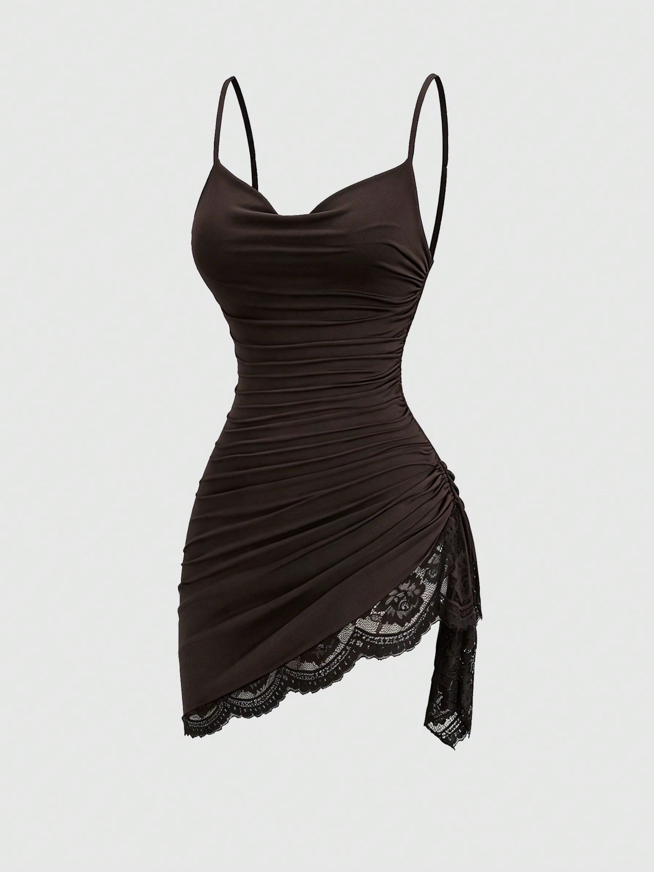 Women's short cami dress with cowl neck, spaghetti straps, contrast lace patchwork, pleated detail, and asymmetrical hem