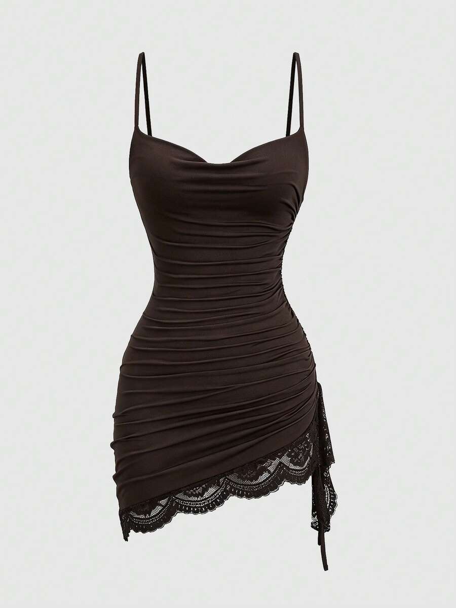 Women's short cami dress with cowl neck, spaghetti straps, contrast lace patchwork, pleated detail, and asymmetrical hem