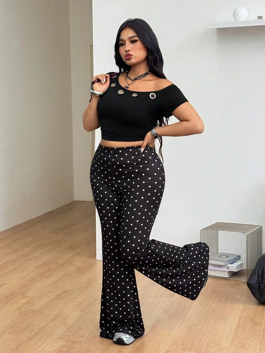 Women's plus size black flare leg pants with high elastic waist in stretchy knit fabric