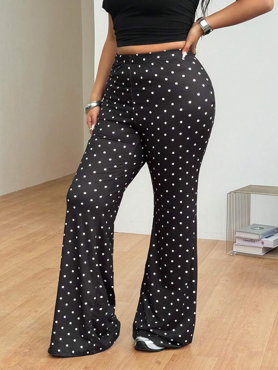Women's plus size black flare leg pants with high elastic waist in stretchy knit fabric