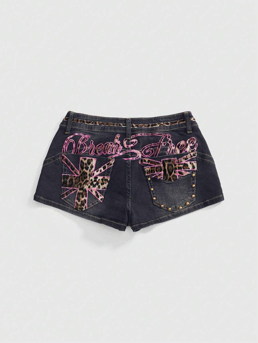 Women's super low waist shorts with leopard print embroidery, button and zipper closure, and raw hem detailing.