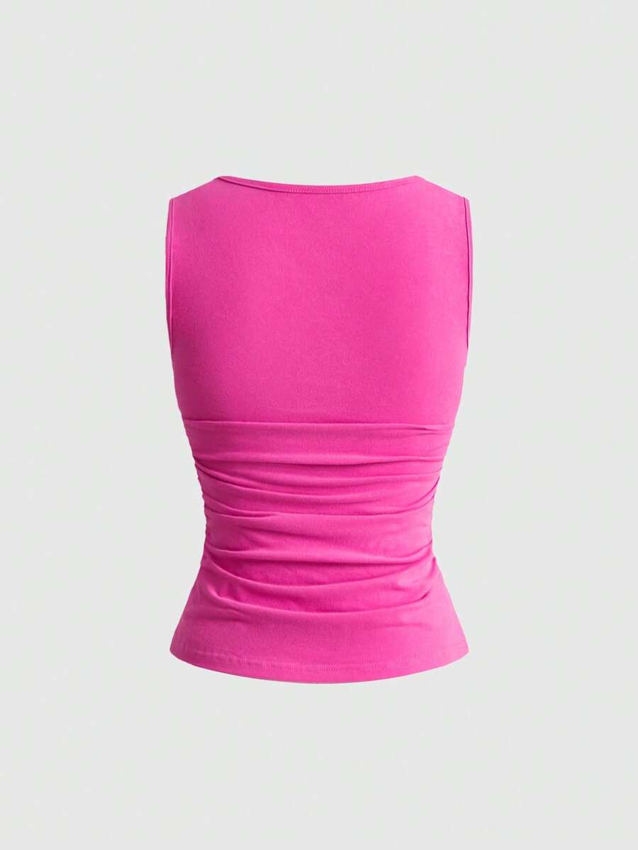 Fitted women's ruched tank top in stretch cotton knit featuring a square neckline and letter print pattern.