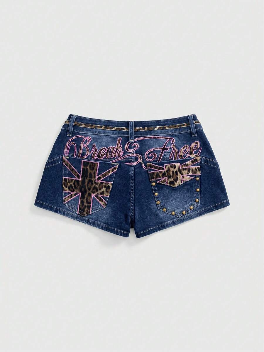 Women's super low waist shorts with leopard print embroidery, button and zipper closure, and raw hem detailing.