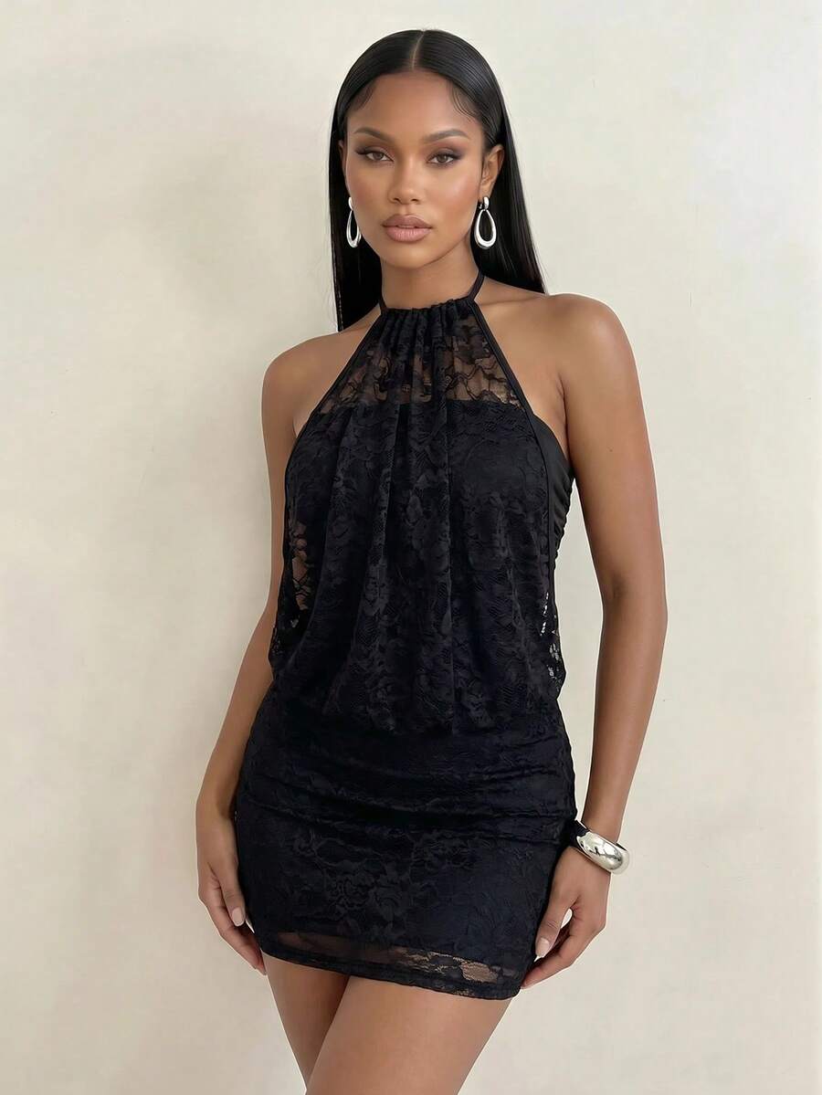 Women's black bodycon mini dress with halter neckline, cold shoulder sleeves, contrast sequin detail, plant pattern, and slim high-stretch fit