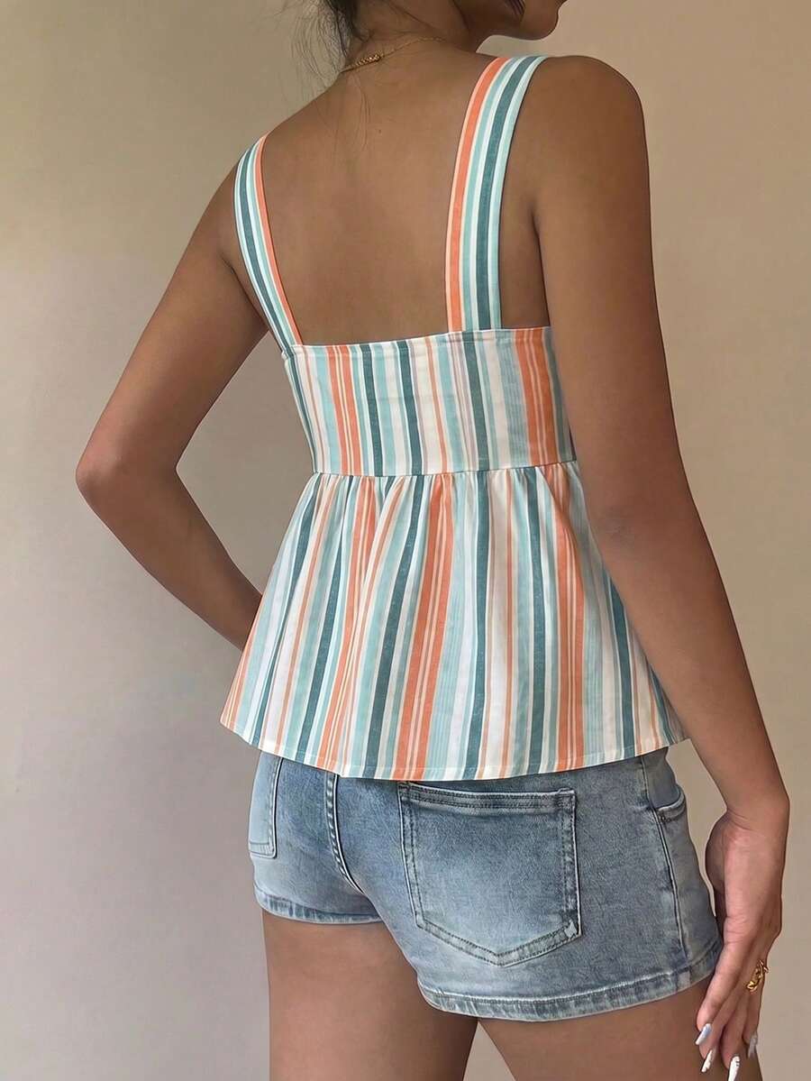 Women's striped camisole tank top with strap neckline, backless knot detail, cold shoulder styling, slim fit, and flared hem for casual vacation or daily wear.