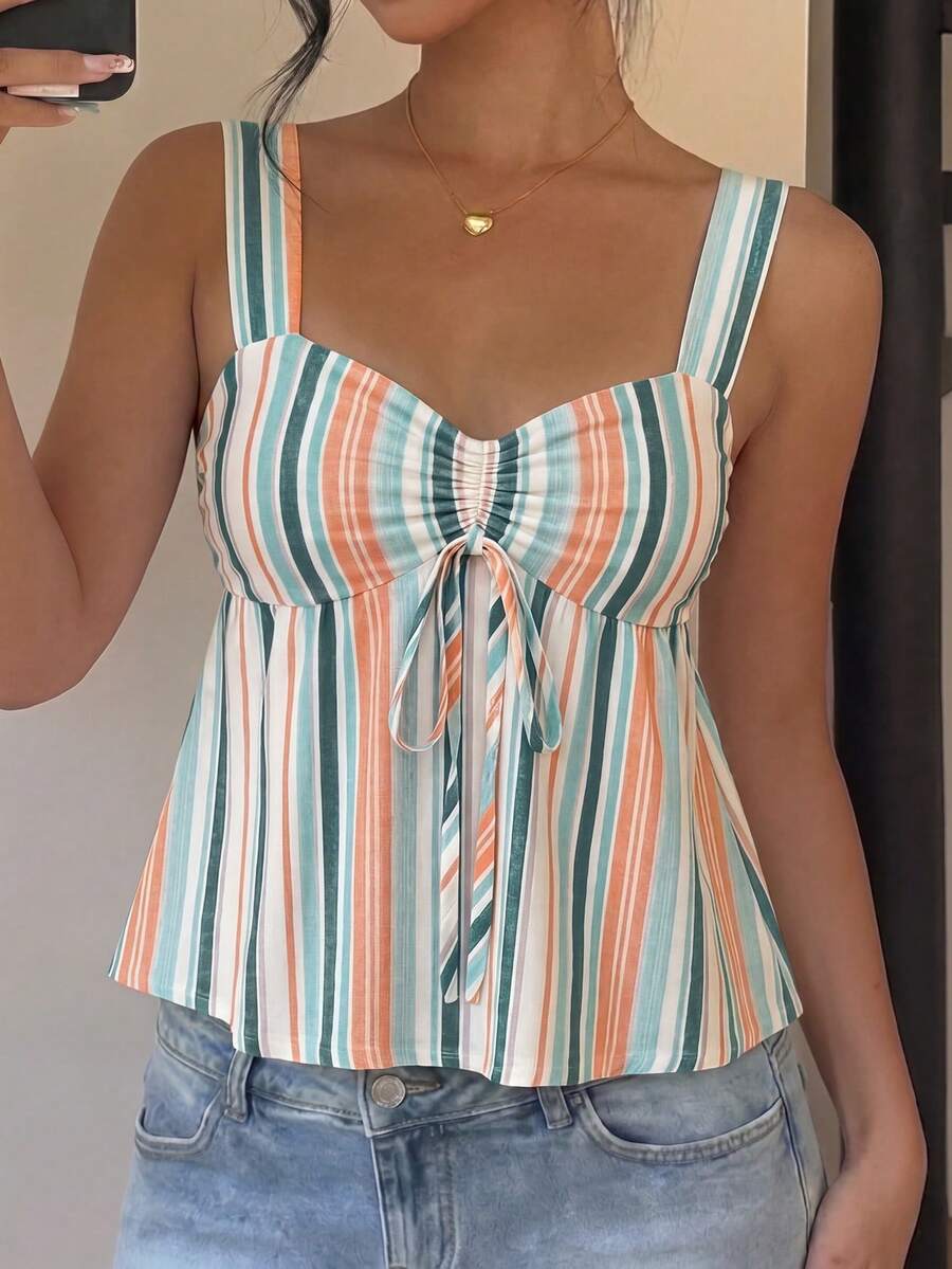 Women's striped camisole tank top with strap neckline, backless knot detail, cold shoulder styling, slim fit, and flared hem for casual vacation or daily wear.