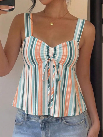 Women's striped camisole tank top with strap neckline, backless knot detail, cold shoulder styling, slim fit, and flared hem for casual vacation or daily wear.