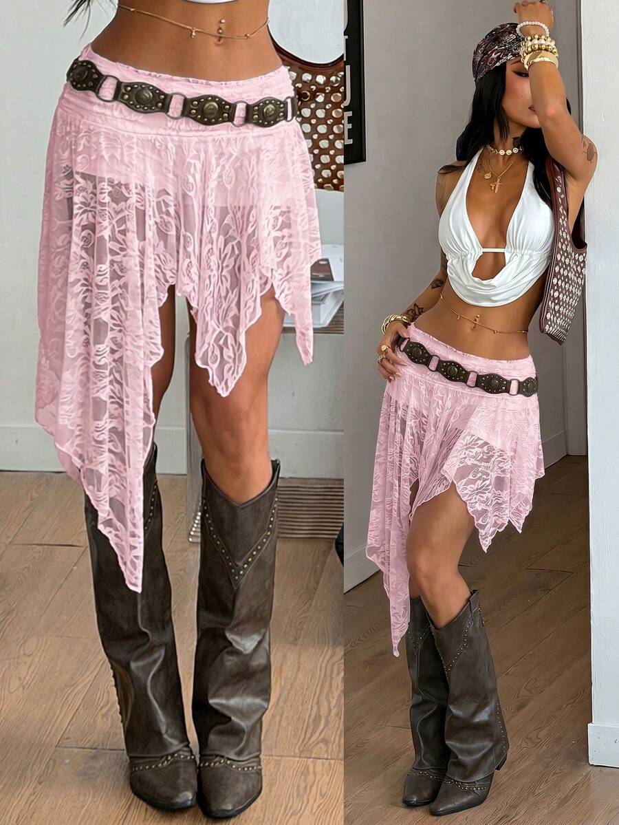 Women's floral lace mini skirt in white with asymmetrical ruffle trim and low waist design.