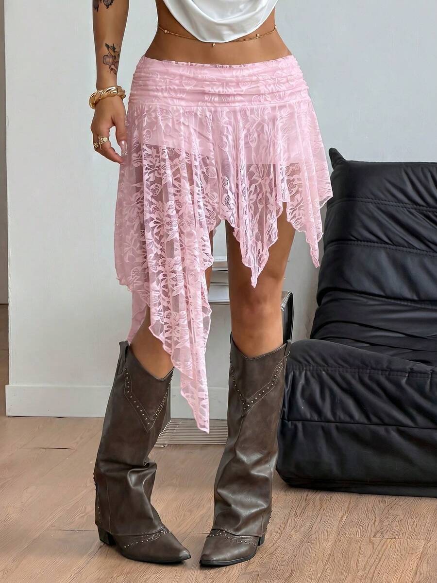 Women's floral lace mini skirt in white with asymmetrical ruffle trim and low waist design.