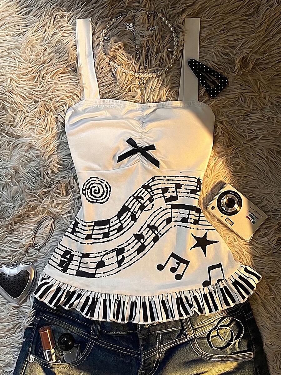 Multicolor Y2K slim fit crop top with wide straps, polka dot print, ruched shirred design, bow accents, and a flared ruffle hem.