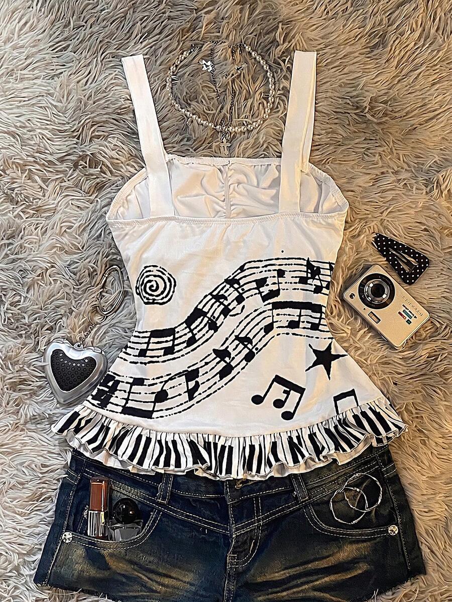 Multicolor Y2K slim fit crop top with wide straps, polka dot print, ruched shirred design, bow accents, and a flared ruffle hem.