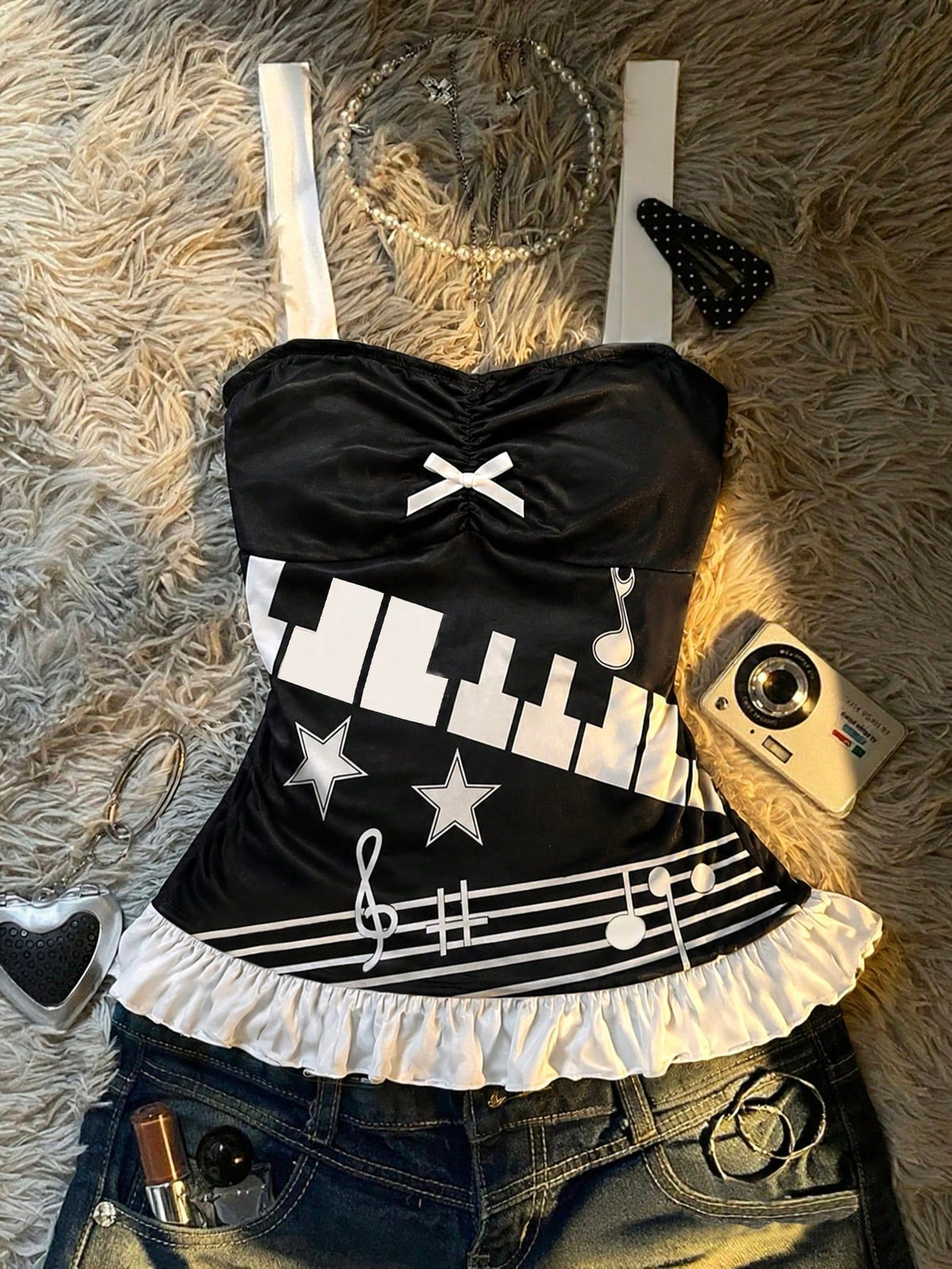 Multicolor Y2K slim fit crop top with wide straps, polka dot print, ruched shirred design, bow accents, and a flared ruffle hem.