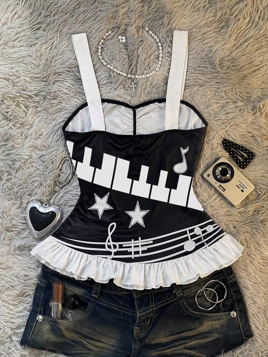 Multicolor Y2K slim fit crop top with wide straps, polka dot print, ruched shirred design, bow accents, and a flared ruffle hem.