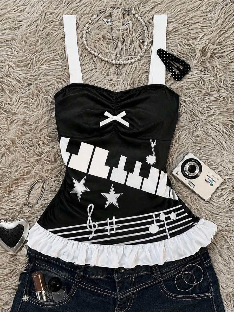 Multicolor Y2K slim fit crop top with wide straps, polka dot print, ruched shirred design, bow accents, and a flared ruffle hem.