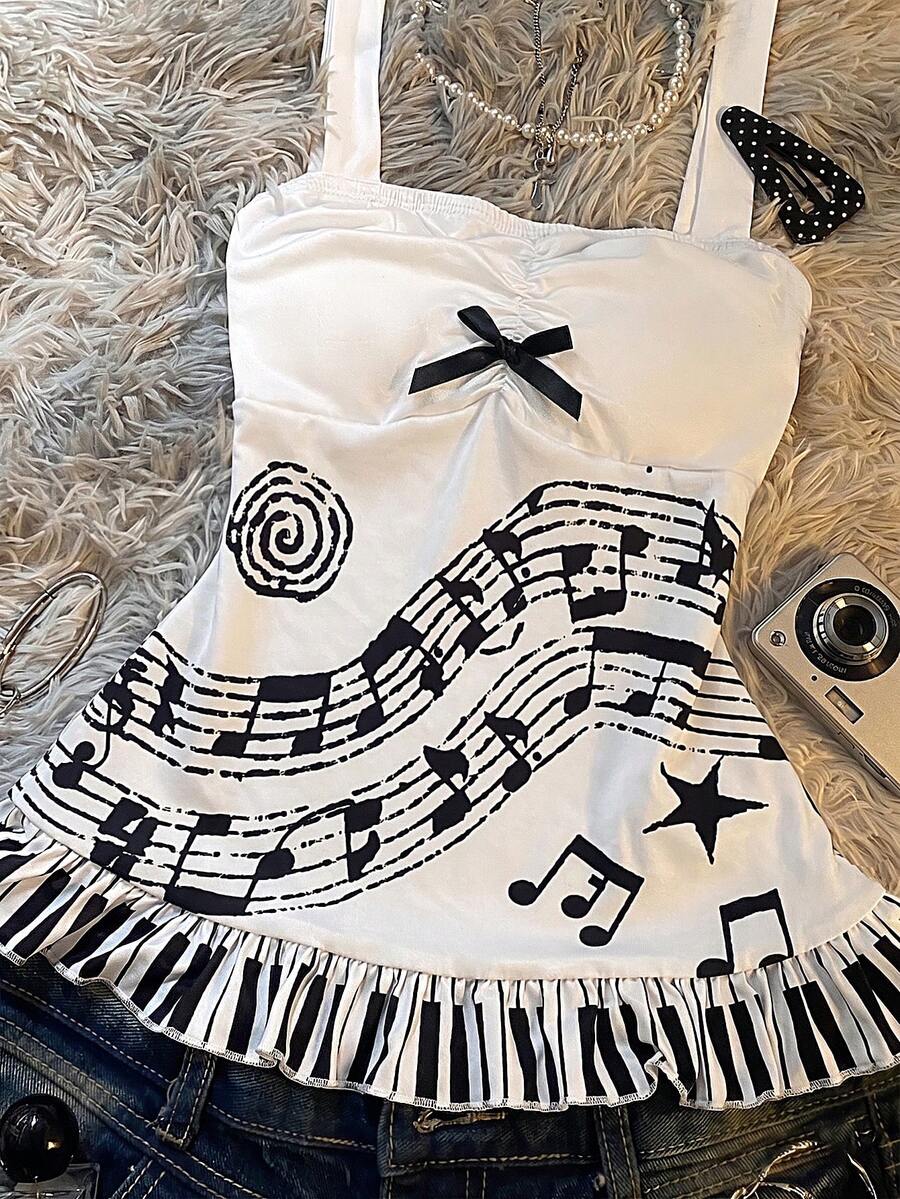 Multicolor Y2K slim fit crop top with wide straps, polka dot print, ruched shirred design, bow accents, and a flared ruffle hem.