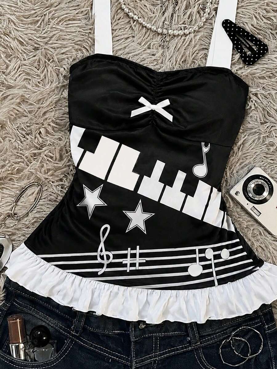 Multicolor Y2K slim fit crop top with wide straps, polka dot print, ruched shirred design, bow accents, and a flared ruffle hem.