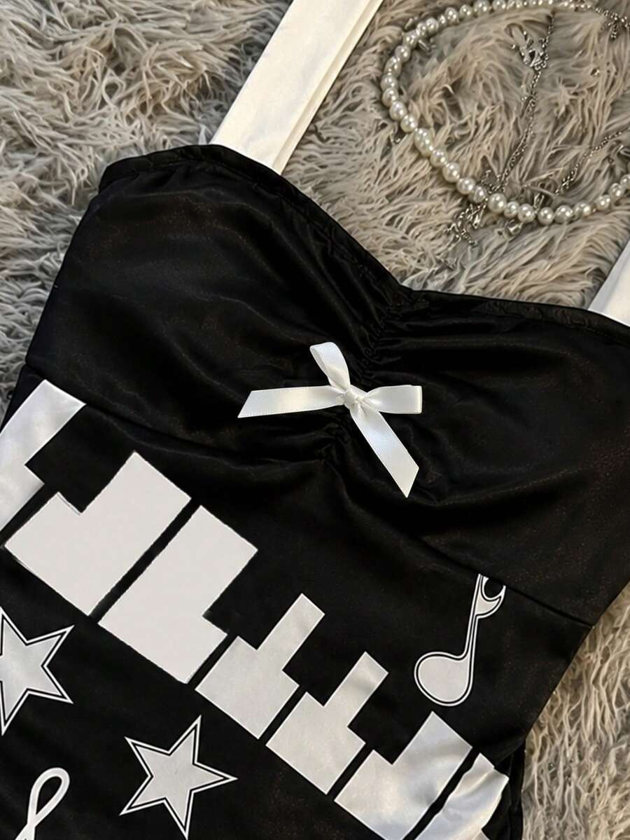 Multicolor Y2K slim fit crop top with wide straps, polka dot print, ruched shirred design, bow accents, and a flared ruffle hem.