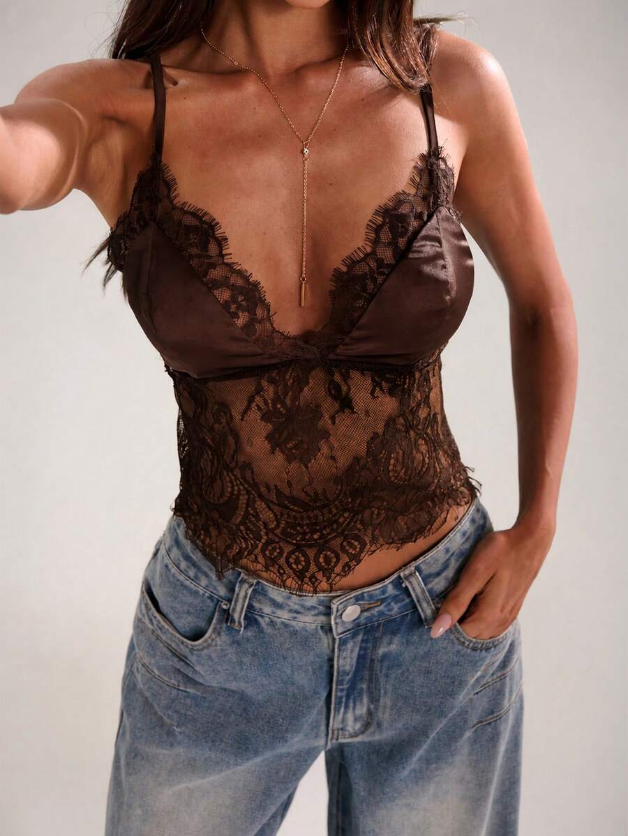 Women's slim fit spaghetti strap camisole top featuring contrast lace patchwork, backless design, and plant pattern.