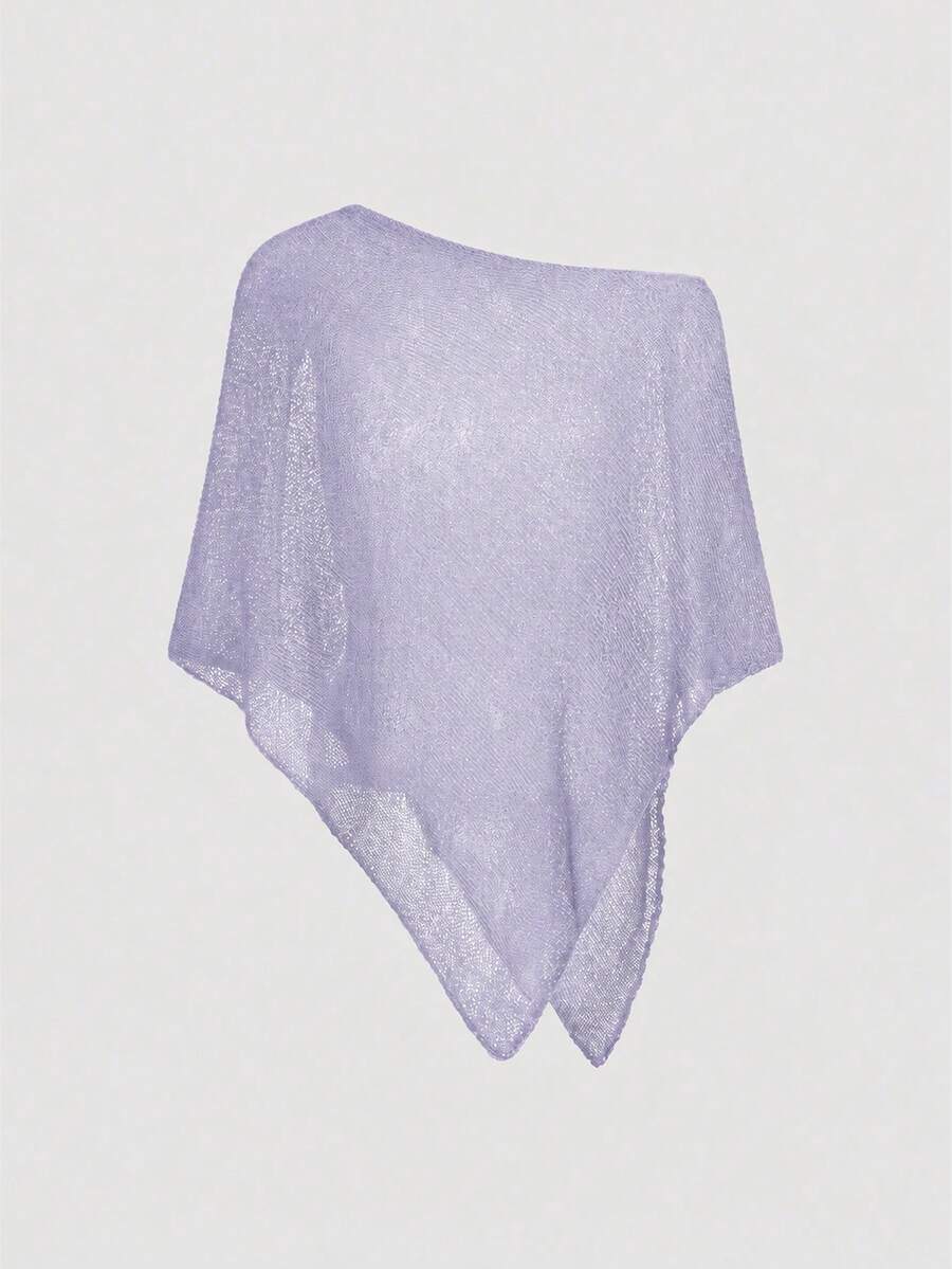 Women's casual hollow knit poncho top with boat neck, cloak sleeves, and asymmetrical hem