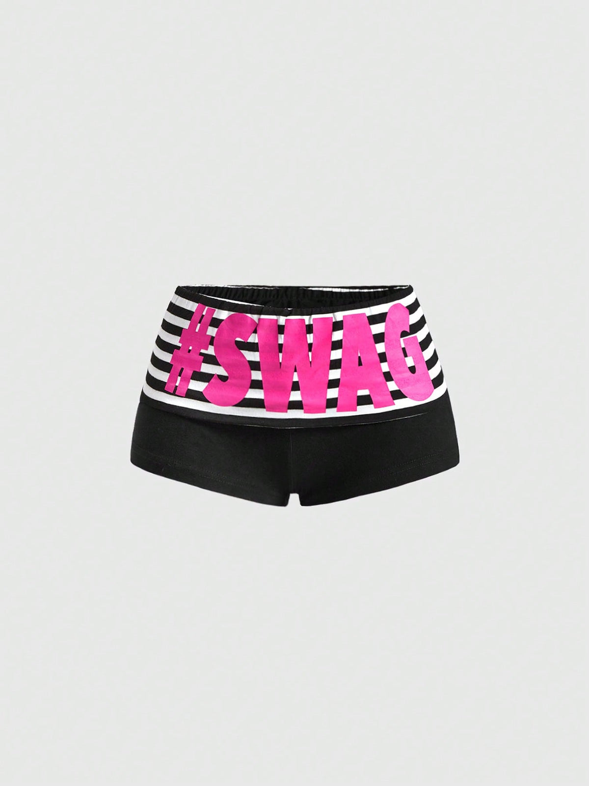 Women's ultra low waist mini shorts with folded waistband, striped letter print, and studded details in stretchy knitted fabric.