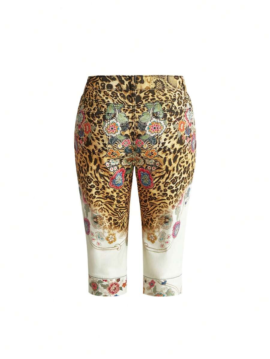 Women's leopard and floral print denim capri jeans featuring an ultra low waist and zipper fly closure.