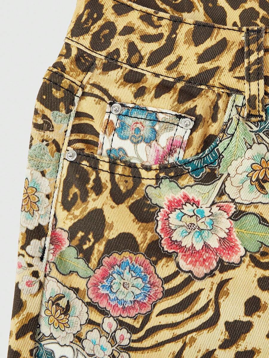 Women's leopard and floral print denim capri jeans featuring an ultra low waist and zipper fly closure.