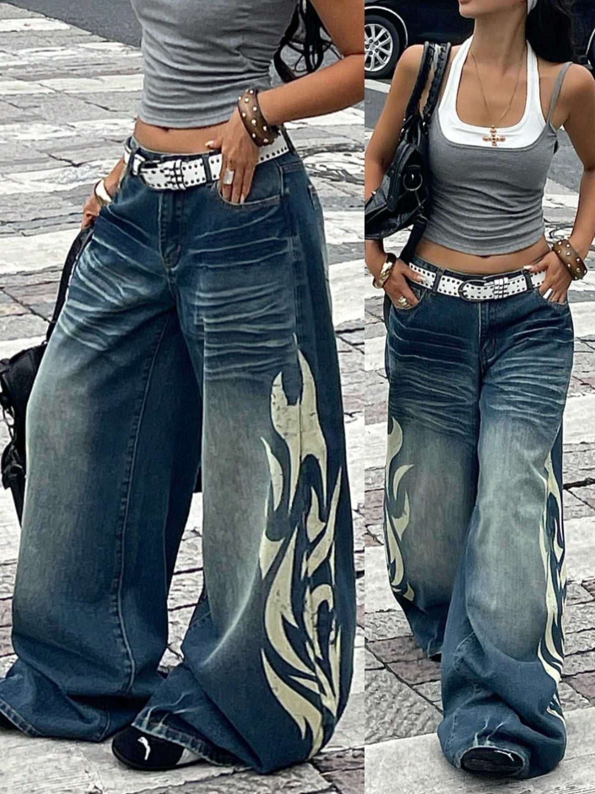 Women's loose wide-leg jeans in light wash denim with low waist and extra-long relaxed fit
