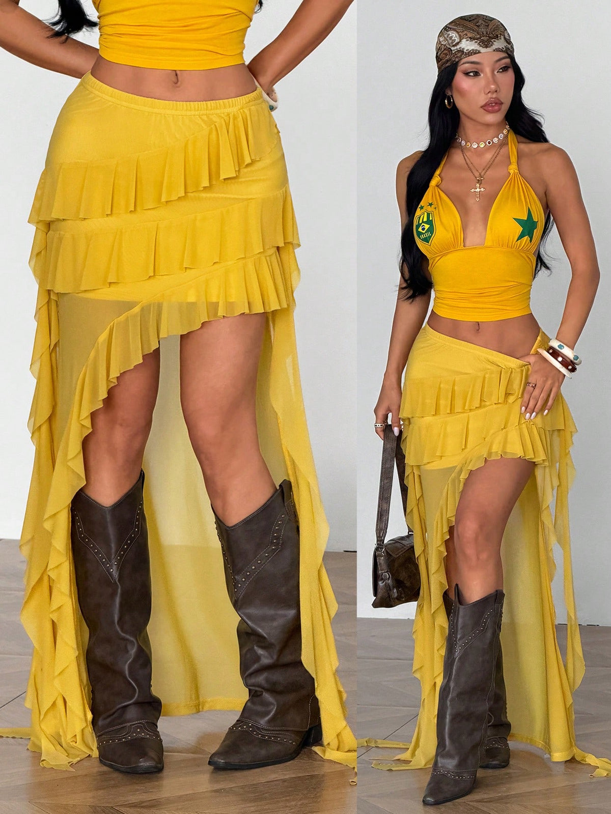 Light yellow asymmetrical ruffle long skirt with a low-rise waist and stretch knit fabric.