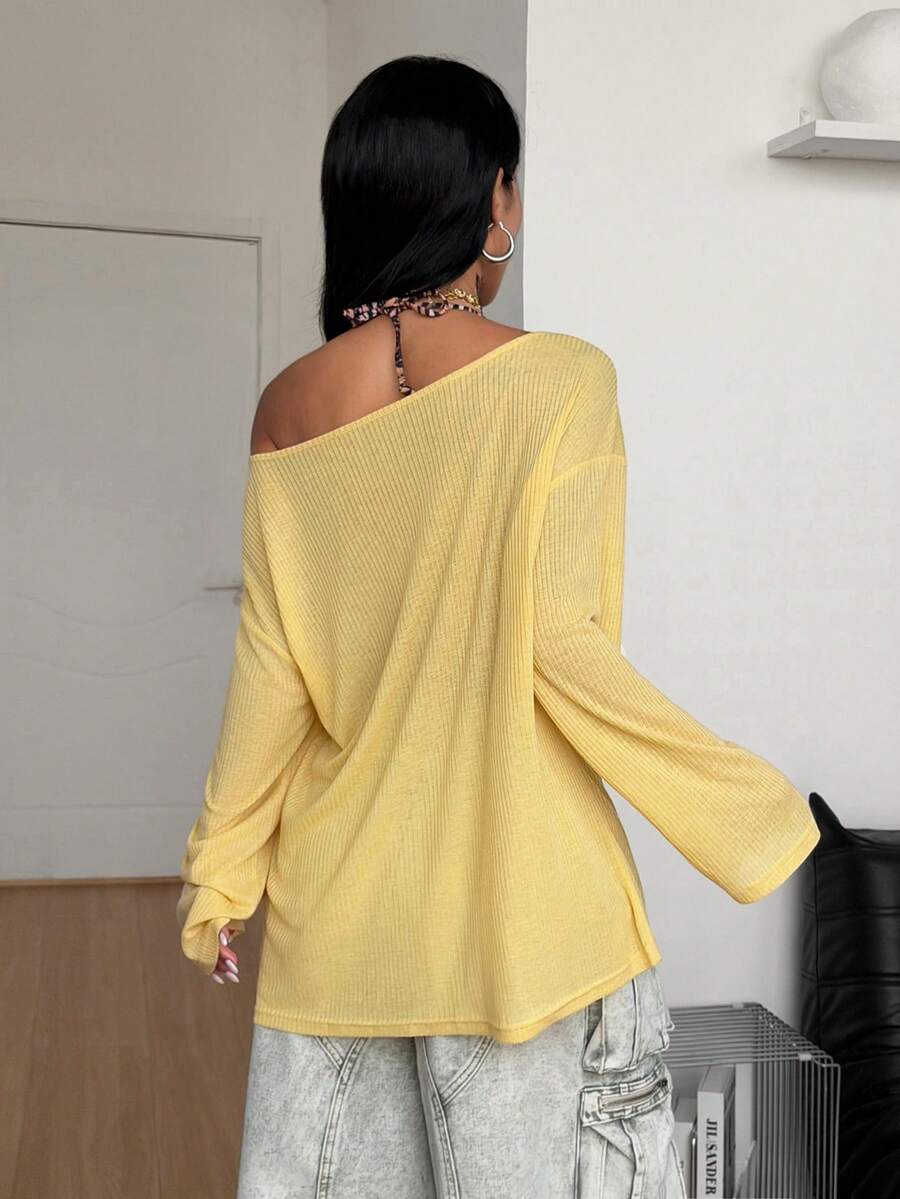 Women's brown striped boat neck long sleeve raglan T-shirt with a loose casual fit