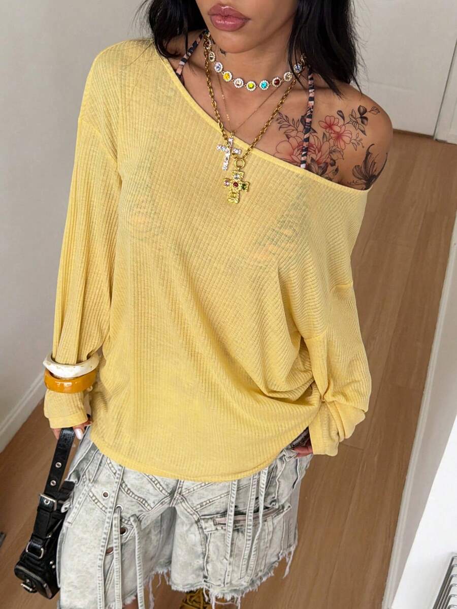 Women's brown striped boat neck long sleeve raglan T-shirt with a loose casual fit
