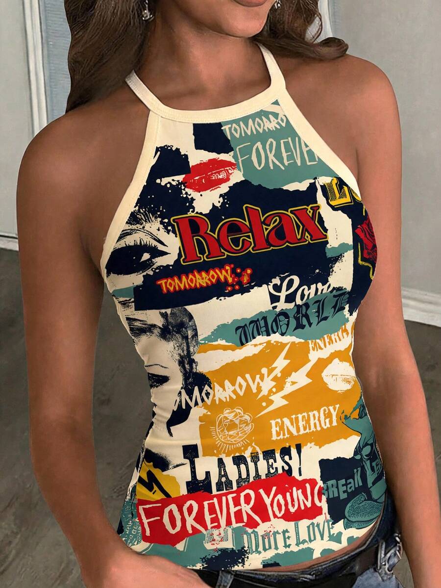 Multicolor women's graphic print halter tank top featuring a round neck, contrast binding, and backless design.