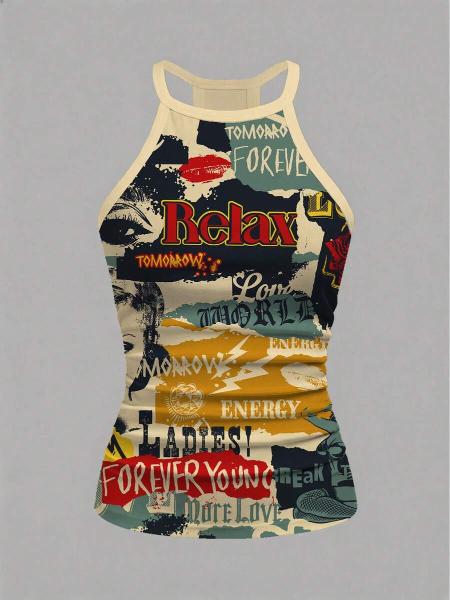 Multicolor women's graphic print halter tank top featuring a round neck, contrast binding, and backless design.