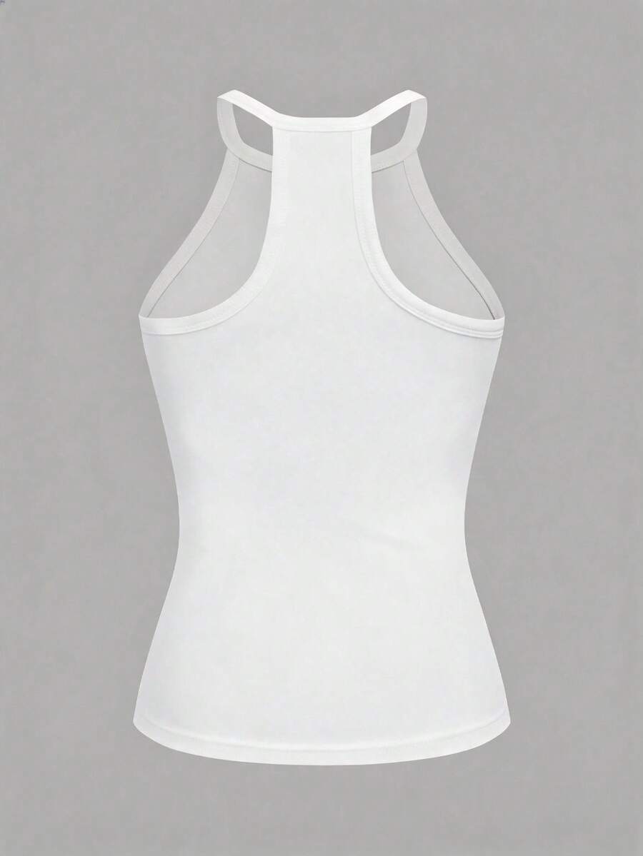 Multicolor women's graphic print halter tank top featuring a round neck, contrast binding, and backless design.