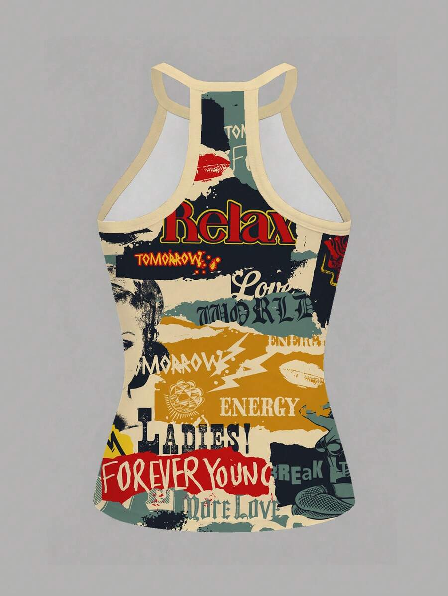 Multicolor women's graphic print halter tank top featuring a round neck, contrast binding, and backless design.