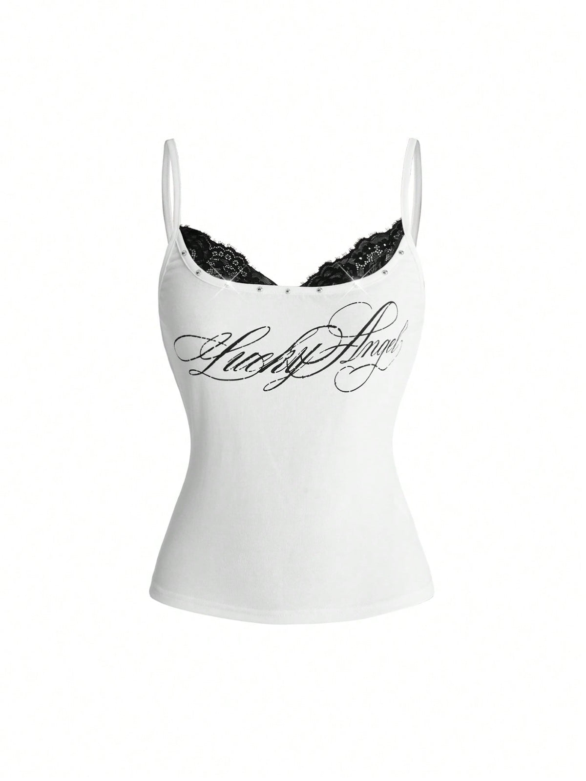 Women's slim fit 2-in-1 spaghetti strap tank top with contrast lace patchwork detail.