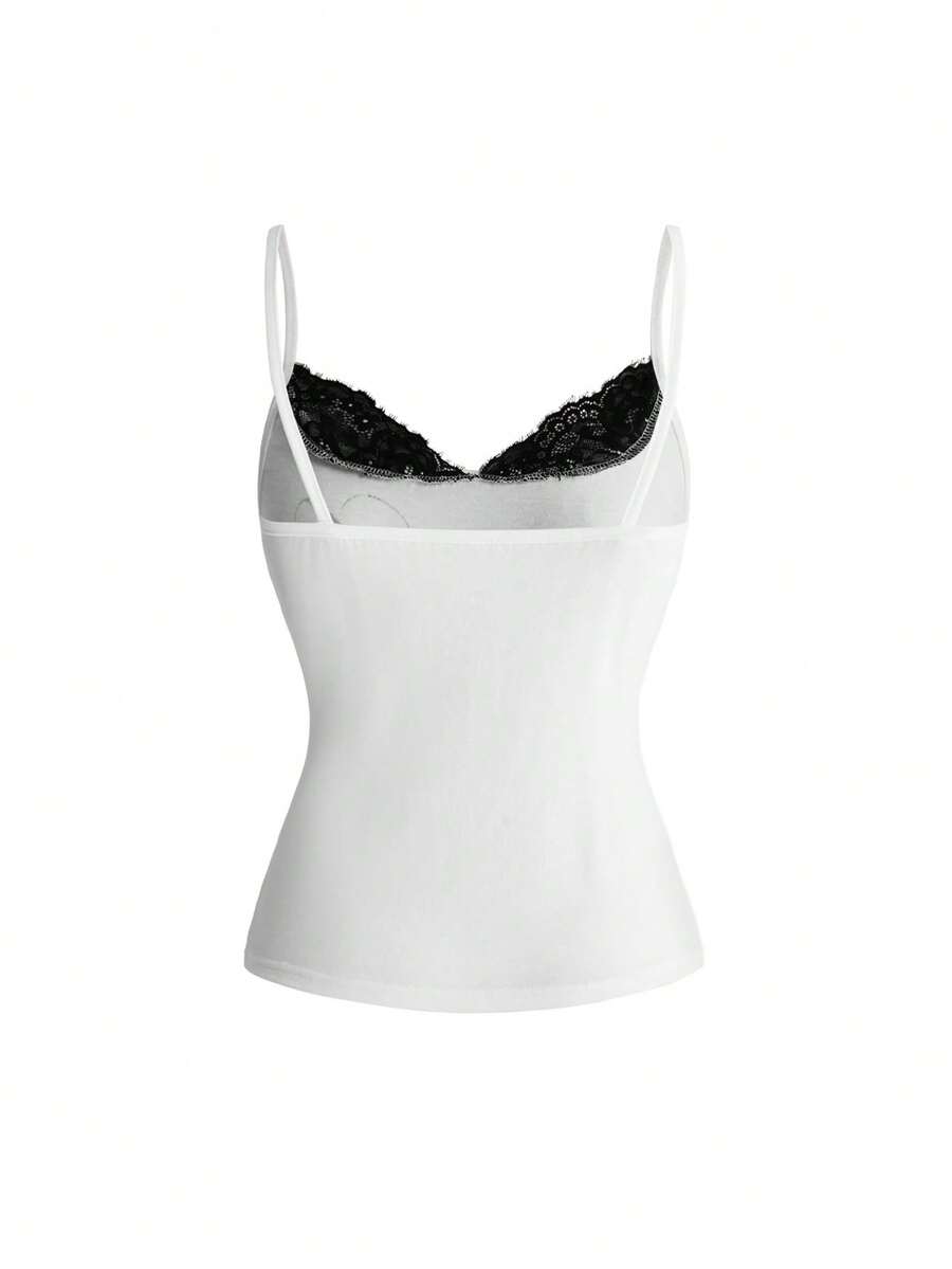 Women's slim fit 2-in-1 spaghetti strap tank top with contrast lace patchwork detail.