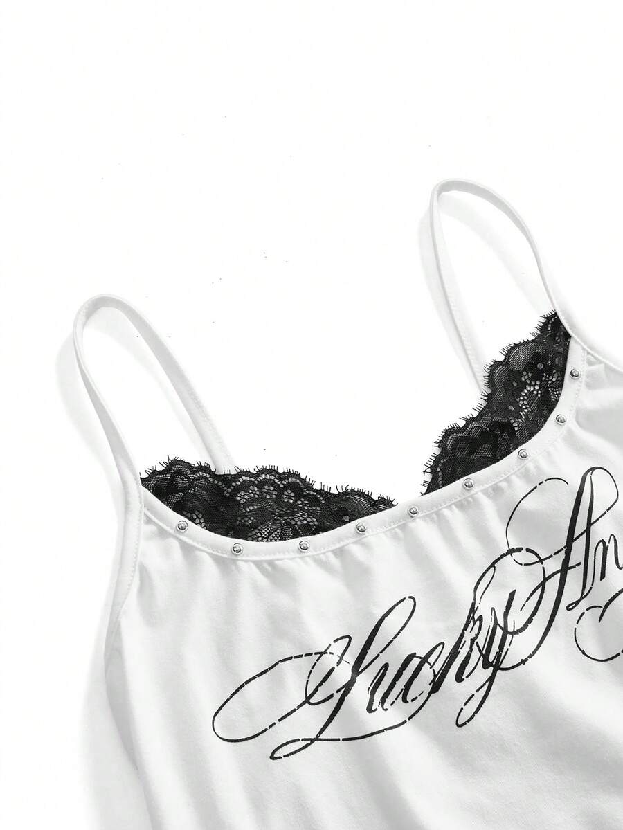 Women's slim fit 2-in-1 spaghetti strap tank top with contrast lace patchwork detail.