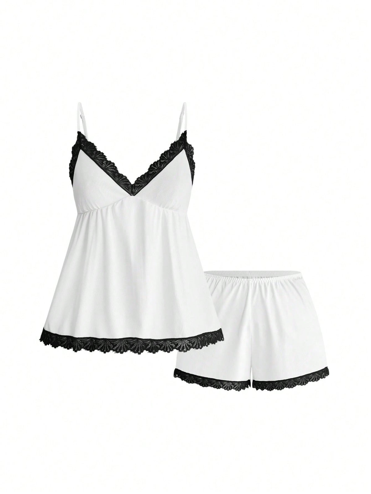 Two-piece ribbed pajama set featuring a lace-trimmed crop camisole top with spaghetti straps and matching shorts.