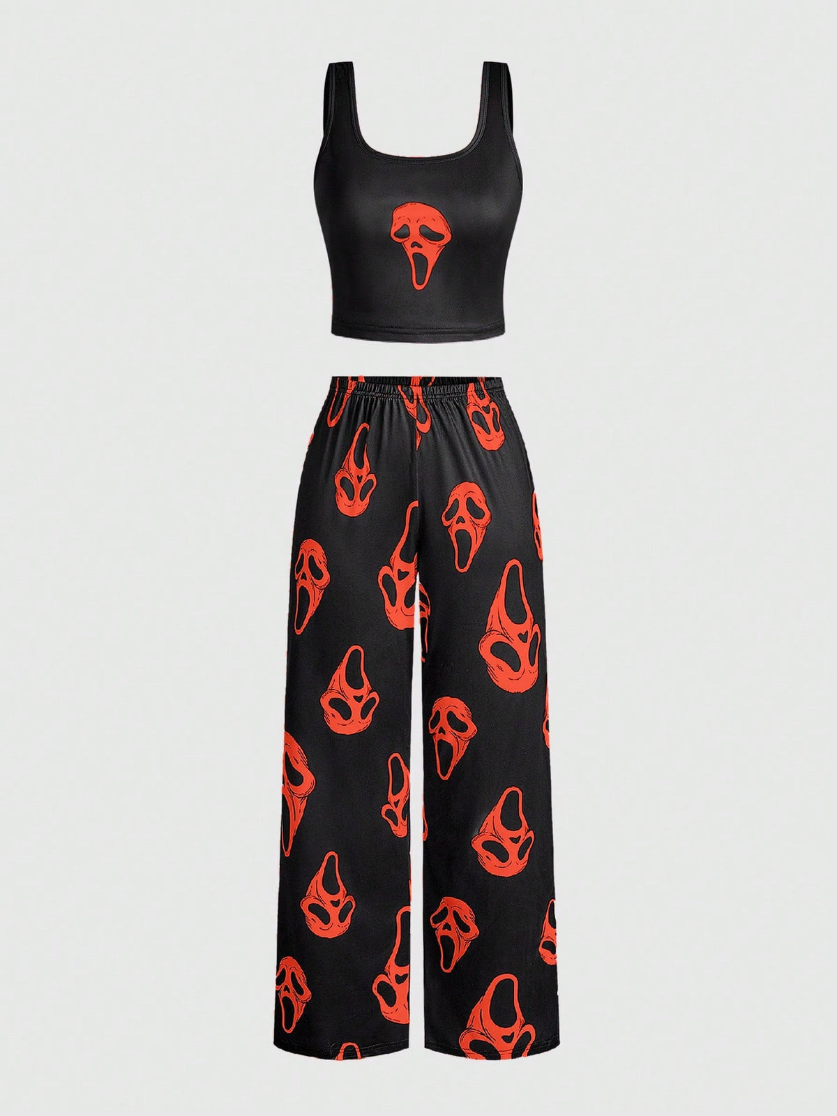 Women's gothic skull face print pajama set featuring a slim fit crop camisole and matching pants