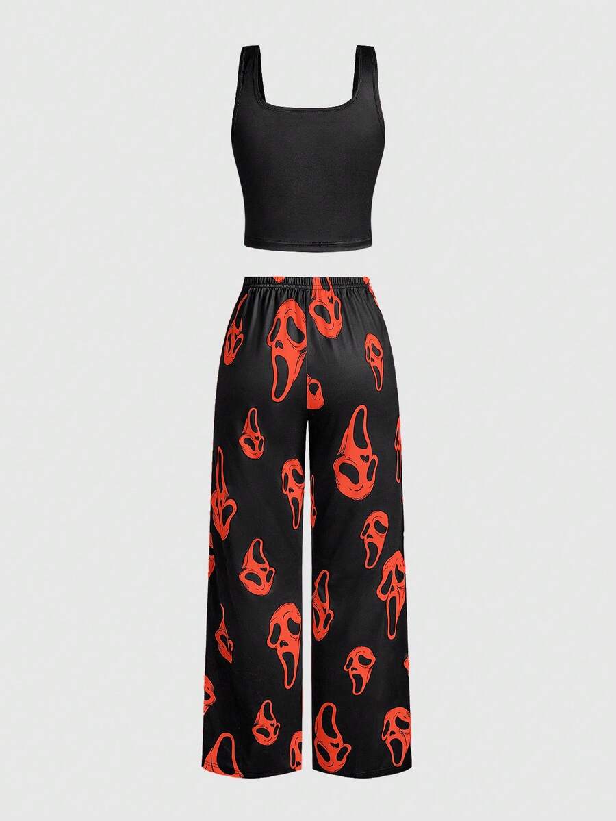 Women's gothic skull face print pajama set featuring a slim fit crop camisole and matching pants
