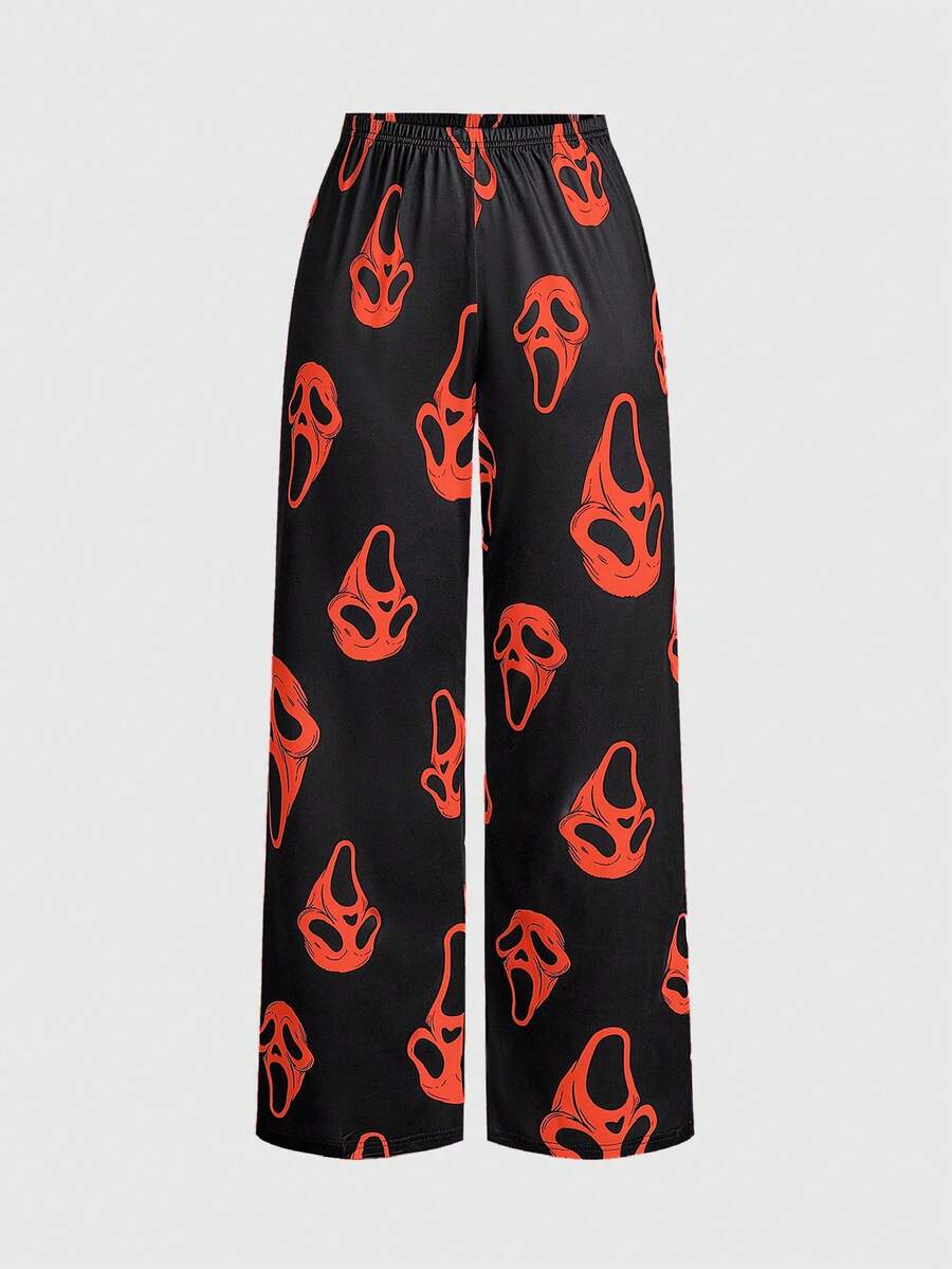 Women's gothic skull face print pajama set featuring a slim fit crop camisole and matching pants