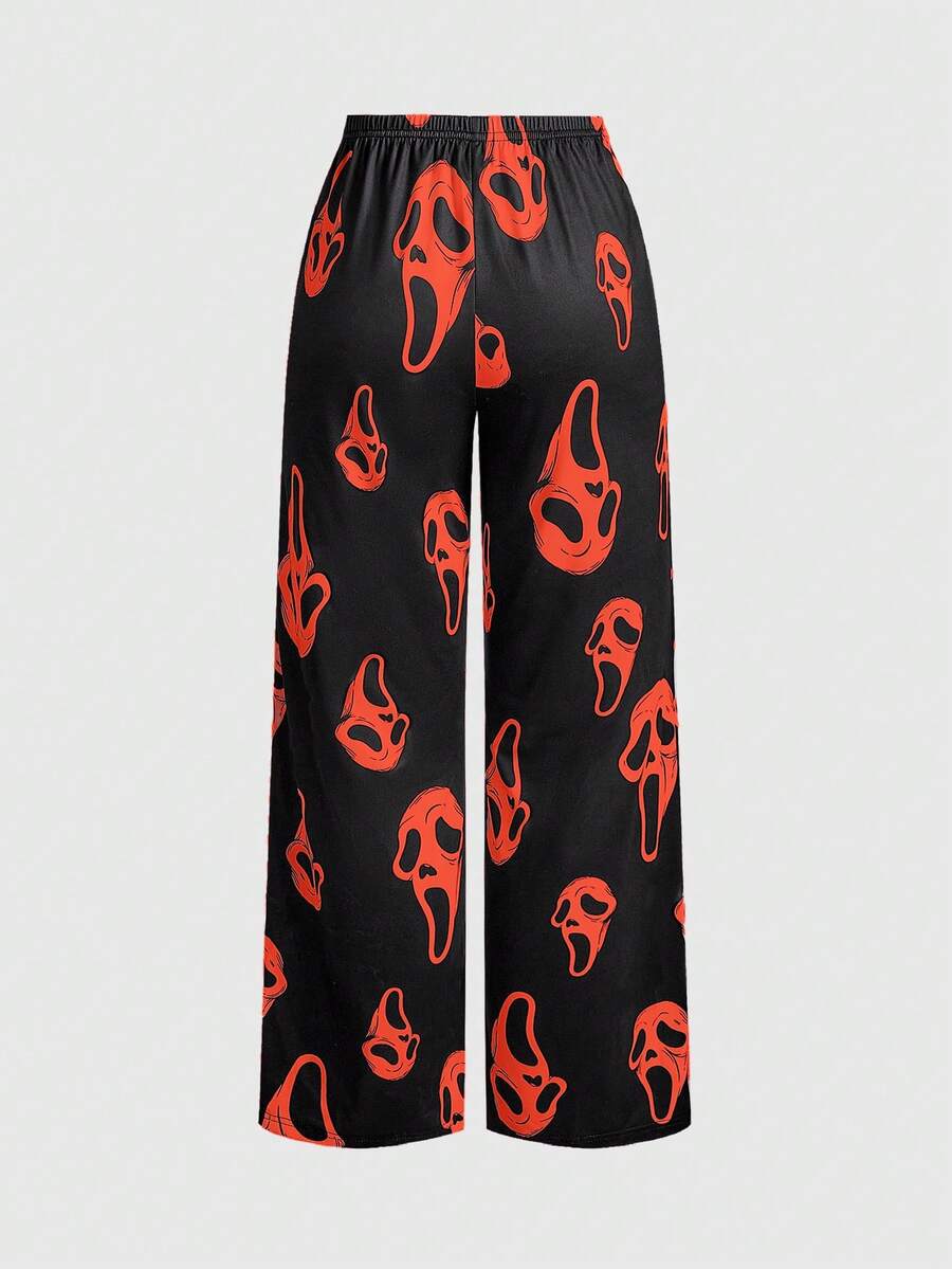 Women's gothic skull face print pajama set featuring a slim fit crop camisole and matching pants