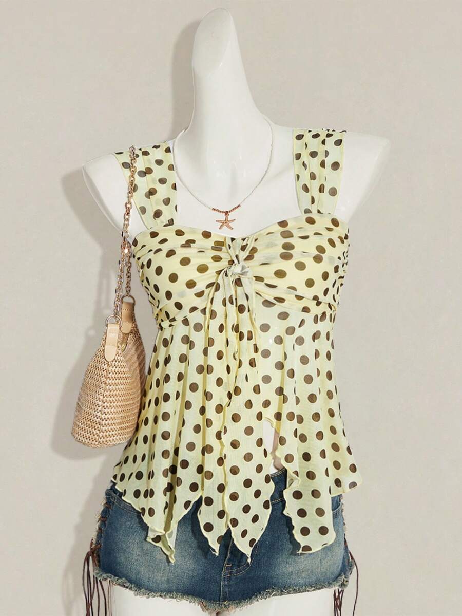 Women's white cherry print cami top with wide straps, ruched knot detail, and an asymmetrical hem