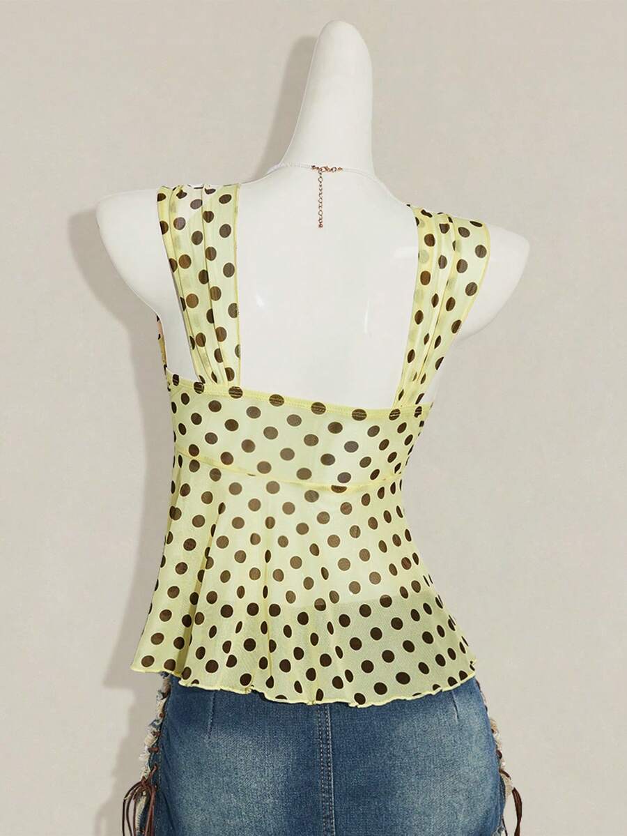 Women's white cherry print cami top with wide straps, ruched knot detail, and an asymmetrical hem