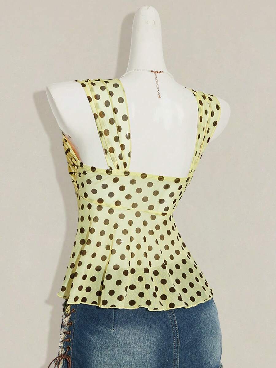 Women's white cherry print cami top with wide straps, ruched knot detail, and an asymmetrical hem