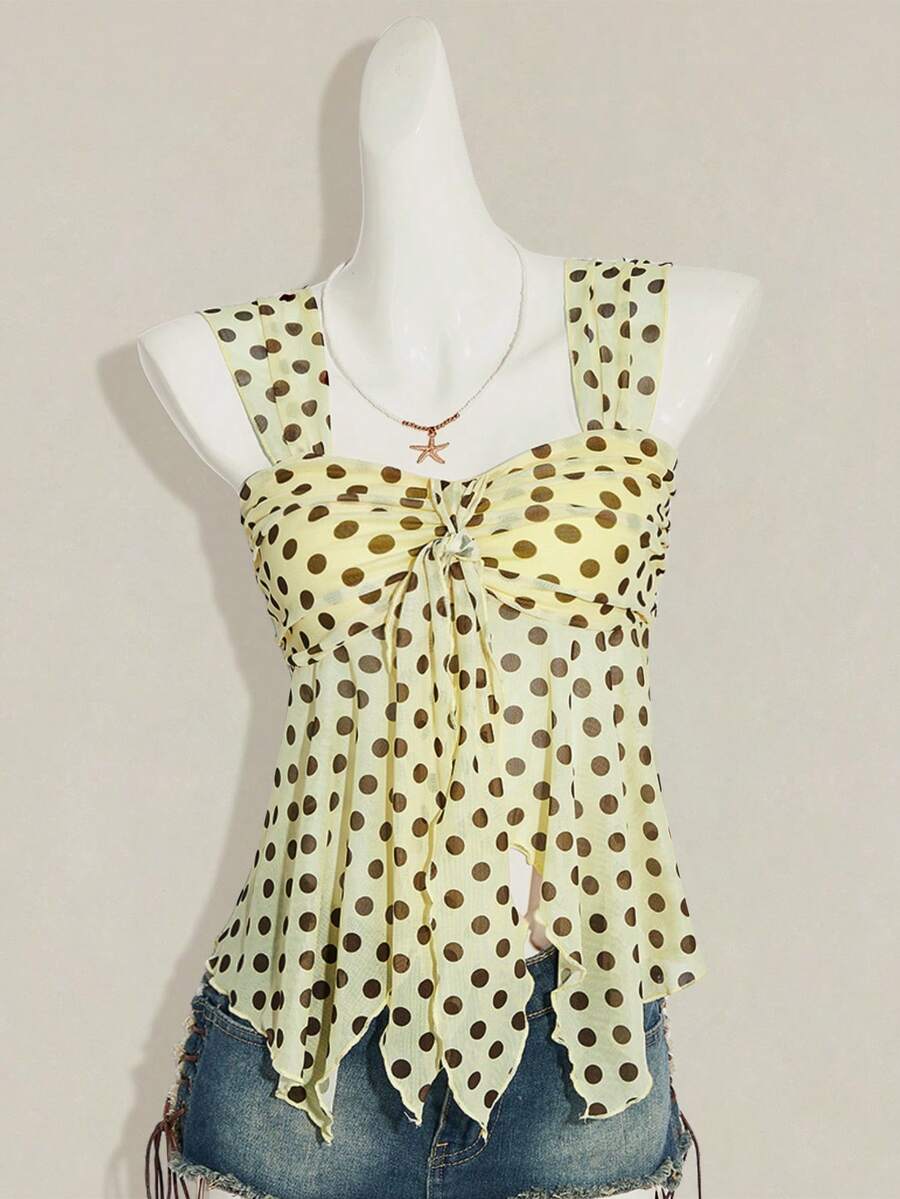 Women's white cherry print cami top with wide straps, ruched knot detail, and an asymmetrical hem