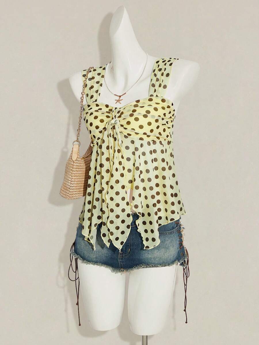 Women's white cherry print cami top with wide straps, ruched knot detail, and an asymmetrical hem